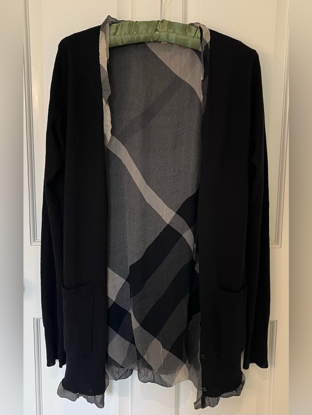 Burberry black wool long cardigan w/ silk chiffon plaid lining. Reversible. Sz M